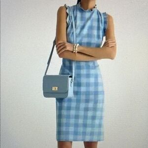 New! J. Crew Ruffle-trim sheath dress in gingham stretch crepe Blue Size 4 NWT